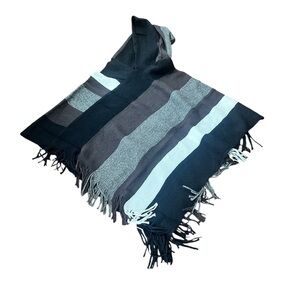 NEW • Striped Hooded Poncho - Black,  Gray & Brown